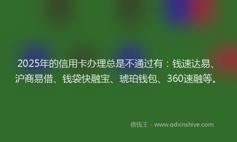 2025年的信用卡办理总是不通过有：钱速达易、沪商易借、钱袋快融宝、琥珀钱包、360速融等。