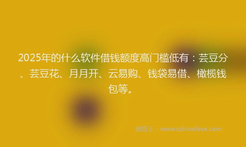 2025年的什么软件借钱额度高门槛低有：芸豆分、芸豆花、月月开、云易购、钱袋易借、橄榄钱包等。