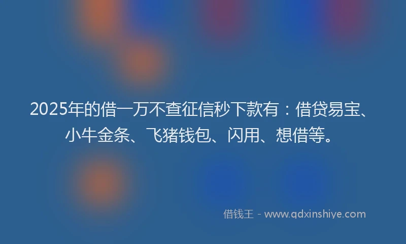 2025年的借一万不查征信秒下款有：借贷易宝、小牛金条、飞猪钱包、闪用、想借等。