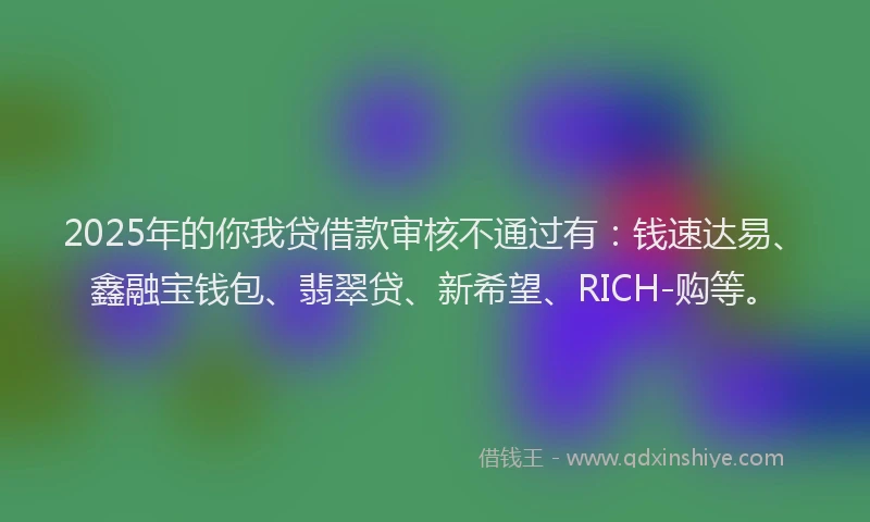 2025年的你我贷借款审核不通过有：钱速达易、鑫融宝钱包、翡翠贷、新希望、RICH-购等。