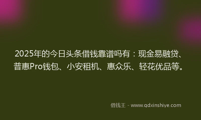 2025年的今日头条借钱靠谱吗有：现金易融贷、普惠Pro钱包、小安租机、惠众乐、轻花优品等。