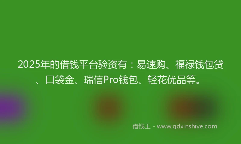 2025年的借钱平台验资有：易速购、福禄钱包贷、口袋金、瑞信Pro钱包、轻花优品等。