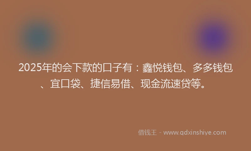 2025年的会下款的口子有：鑫悦钱包、多多钱包、宜口袋、捷信易借、现金流速贷等。