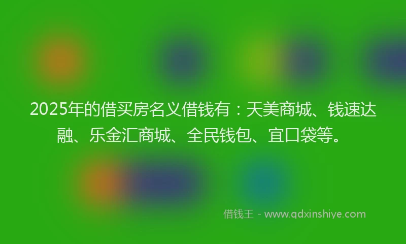 2025年的借买房名义借钱有：天美商城、钱速达融、乐金汇商城、全民钱包、宜口袋等。