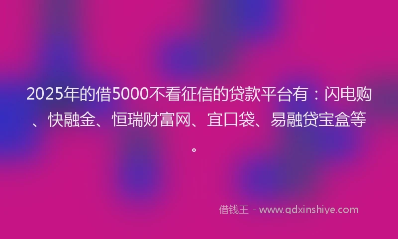 2025年的借5000不看征信的贷款平台有：闪电购、快融金、恒瑞财富网、宜口袋、易融贷宝盒等。