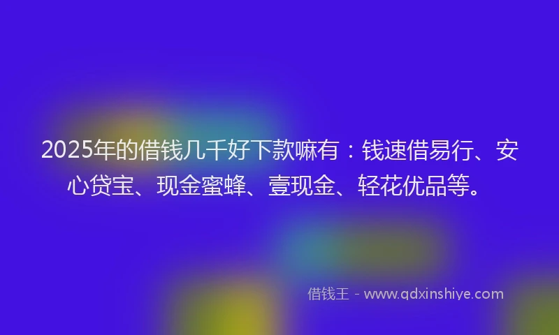 2025年的借钱几千好下款嘛有：钱速借易行、安心贷宝、现金蜜蜂、壹现金、轻花优品等。