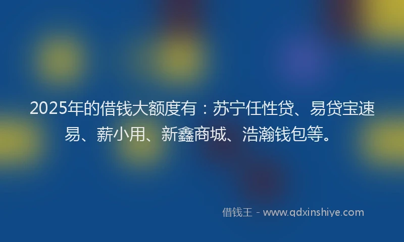 2025年的借钱大额度有：苏宁任性贷、易贷宝速易、薪小用、新鑫商城、浩瀚钱包等。