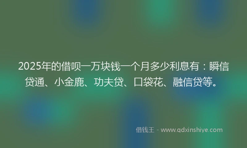 2025年的借呗一万块钱一个月多少利息有：瞬信贷通、小金鹿、功夫贷、口袋花、融信贷等。