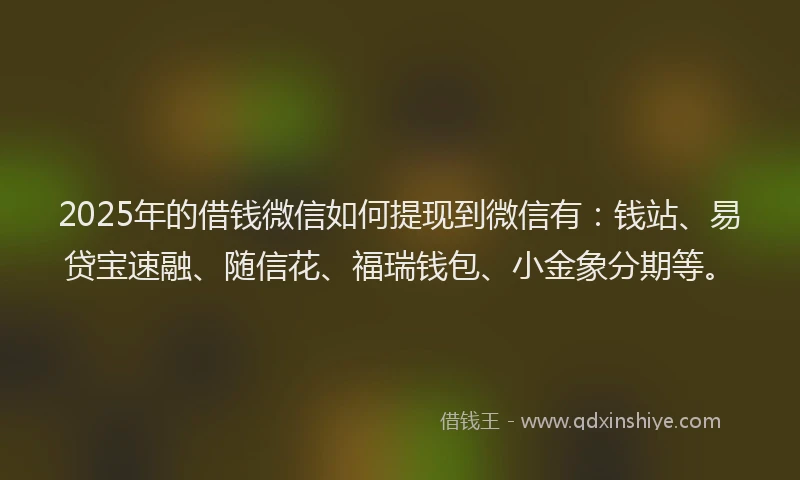 2025年的借钱微信如何提现到微信有：钱站、易贷宝速融、随信花、福瑞钱包、小金象分期等。
