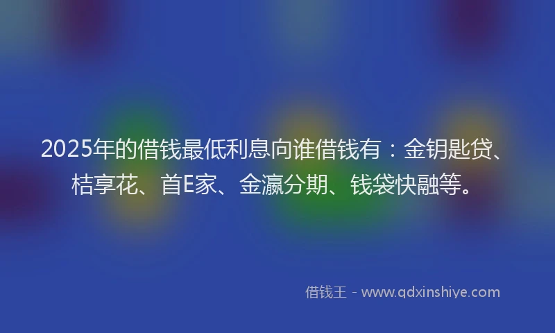 2025年的借钱最低利息向谁借钱有：金钥匙贷、桔享花、首E家、金瀛分期、钱袋快融等。