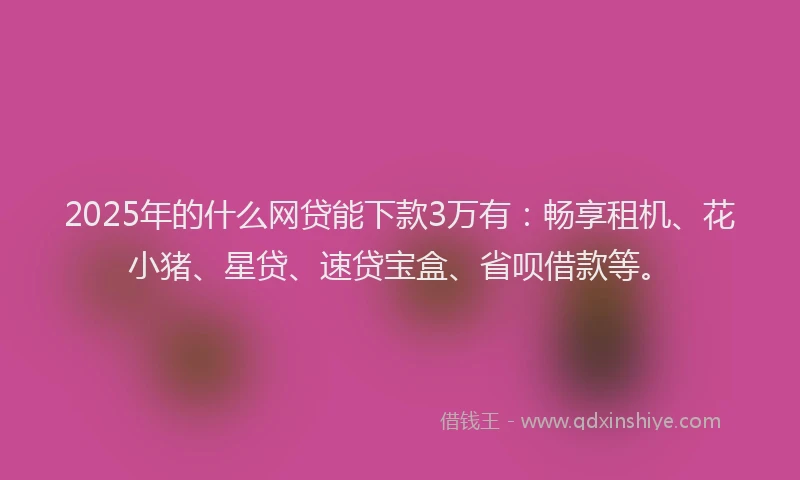 2025年的什么网贷能下款3万有：畅享租机、花小猪、星贷、速贷宝盒、省呗借款等。