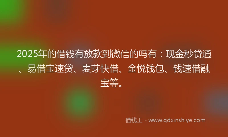 2025年的借钱有放款到微信的吗有：现金秒贷通、易借宝速贷、麦芽快借、金悦钱包、钱速借融宝等。