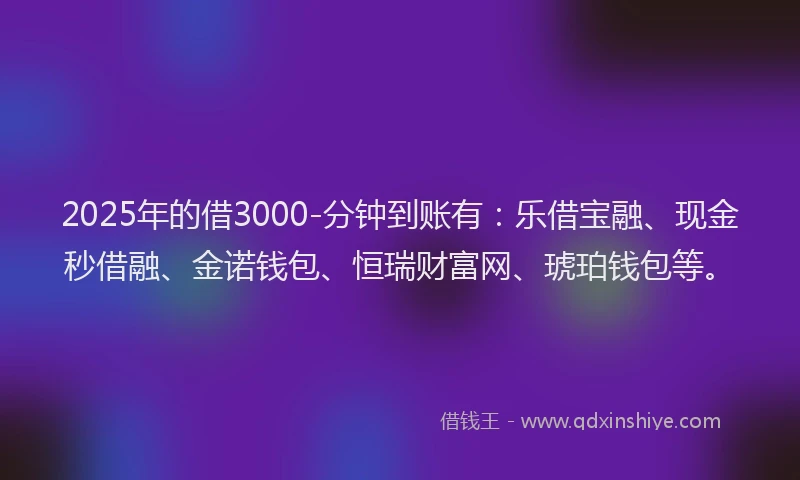 2025年的借3000-分钟到账有：乐借宝融、现金秒借融、金诺钱包、恒瑞财富网、琥珀钱包等。