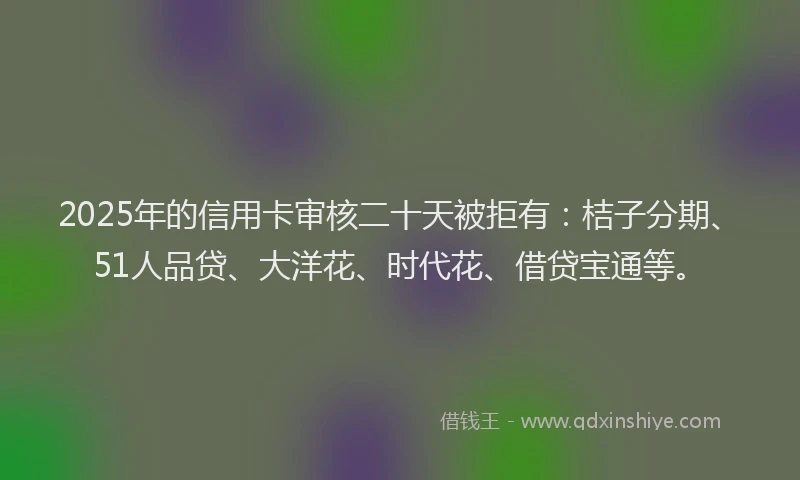 2025年的信用卡审核二十天被拒有：桔子分期、51人品贷、大洋花、时代花、借贷宝通等。