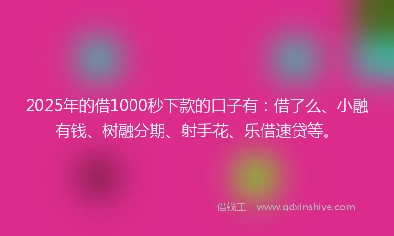 2025年的借1000秒下款的口子有：借了么、小融有钱、树融分期、射手花、乐借速贷等。