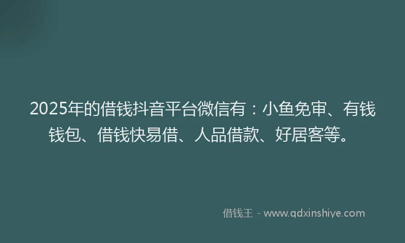 2025年的借钱抖音平台微信有：小鱼免审、有钱钱包、借钱快易借、人品借款、好居客等。