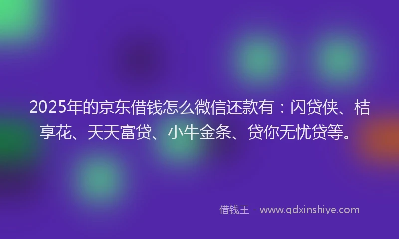 2025年的京东借钱怎么微信还款有：闪贷侠、桔享花、天天富贷、小牛金条、贷你无忧贷等。