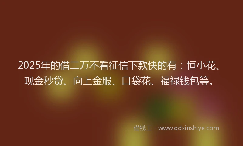 2025年的借二万不看征信下款快的有：恒小花、现金秒贷、向上金服、口袋花、福禄钱包等。