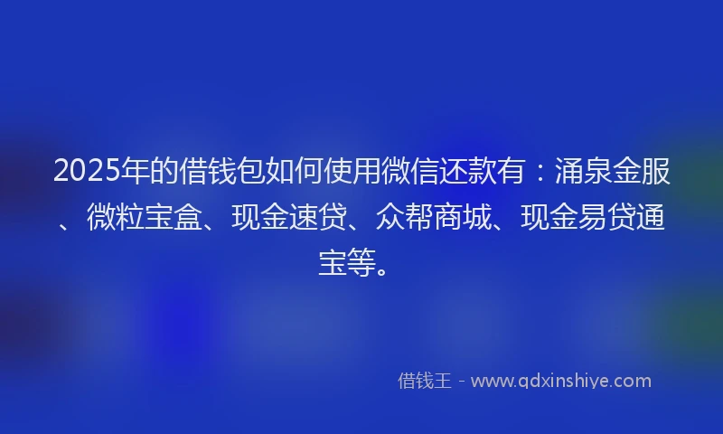 2025年的借钱包如何使用微信还款有：涌泉金服、微粒宝盒、现金速贷、众帮商城、现金易贷通宝等。
