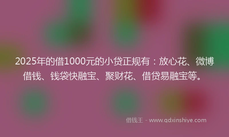 2025年的借1000元的小贷正规有：放心花、微博借钱、钱袋快融宝、聚财花、借贷易融宝等。