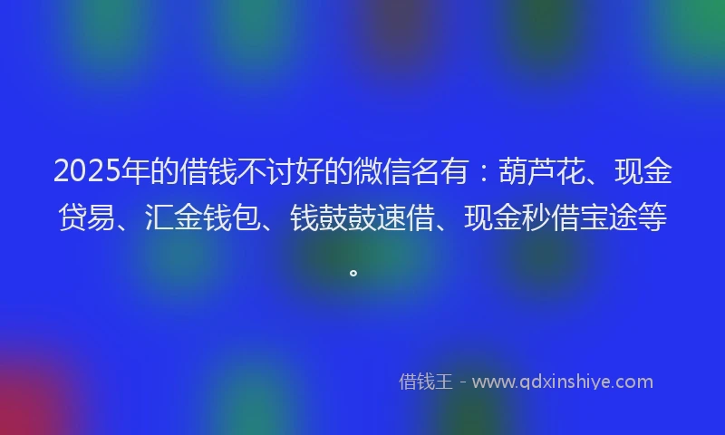 2025年的借钱不讨好的微信名有：葫芦花、现金贷易、汇金钱包、钱鼓鼓速借、现金秒借宝途等。