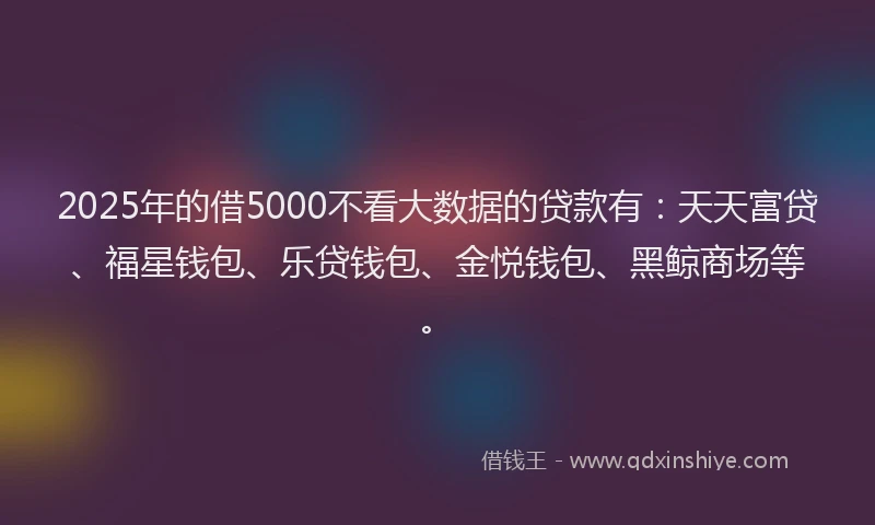 2025年的借5000不看大数据的贷款有：天天富贷、福星钱包、乐贷钱包、金悦钱包、黑鲸商场等。