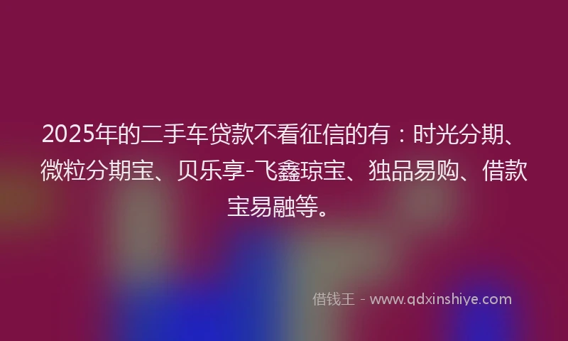 2025年的二手车贷款不看征信的有：时光分期、微粒分期宝、贝乐享-飞鑫琼宝、独品易购、借款宝易融等。