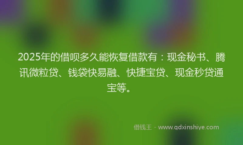 2025年的借呗多久能恢复借款有：现金秘书、腾讯微粒贷、钱袋快易融、快捷宝贷、现金秒贷通宝等。