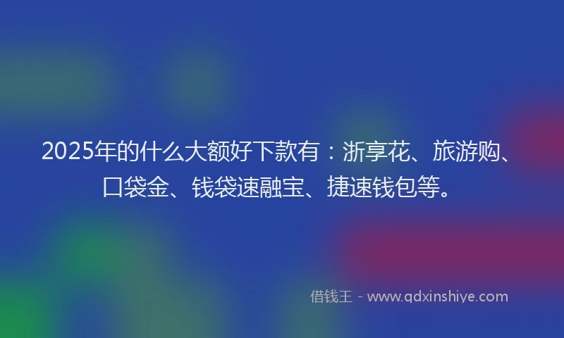 2025年的什么大额好下款有：浙享花、旅游购、口袋金、钱袋速融宝、捷速钱包等。