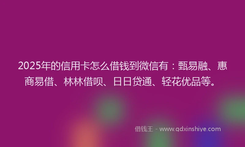 2025年的信用卡怎么借钱到微信有：甄易融、惠商易借、林林借呗、日日贷通、轻花优品等。