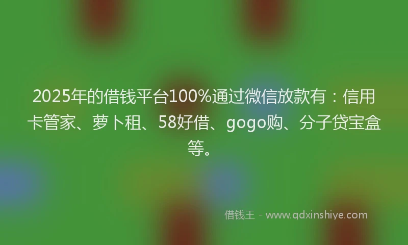 2025年的借钱平台100%通过微信放款有：信用卡管家、萝卜租、58好借、gogo购、分子贷宝盒等。