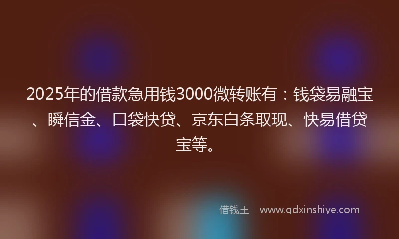 2025年的借款急用钱3000微转账有：钱袋易融宝、瞬信金、口袋快贷、京东白条取现、快易借贷宝等。