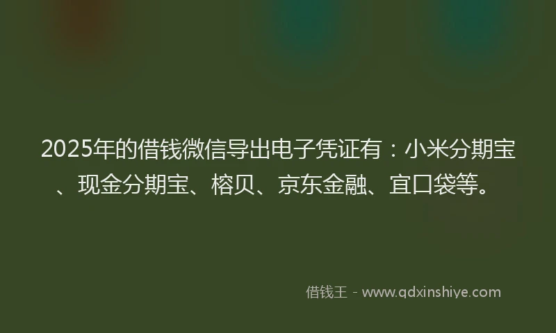 2025年的借钱微信导出电子凭证有：小米分期宝、现金分期宝、榕贝、京东金融、宜口袋等。