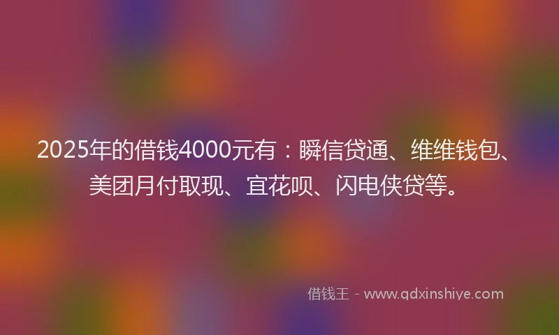 2025年的借钱4000元有：瞬信贷通、维维钱包、美团月付取现、宜花呗、闪电侠贷等。