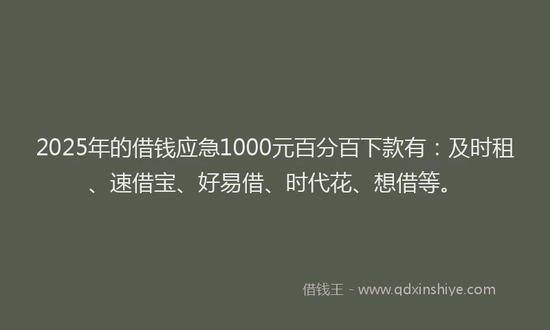 2025年的借钱应急1000元百分百下款有：及时租、速借宝、好易借、时代花、想借等。