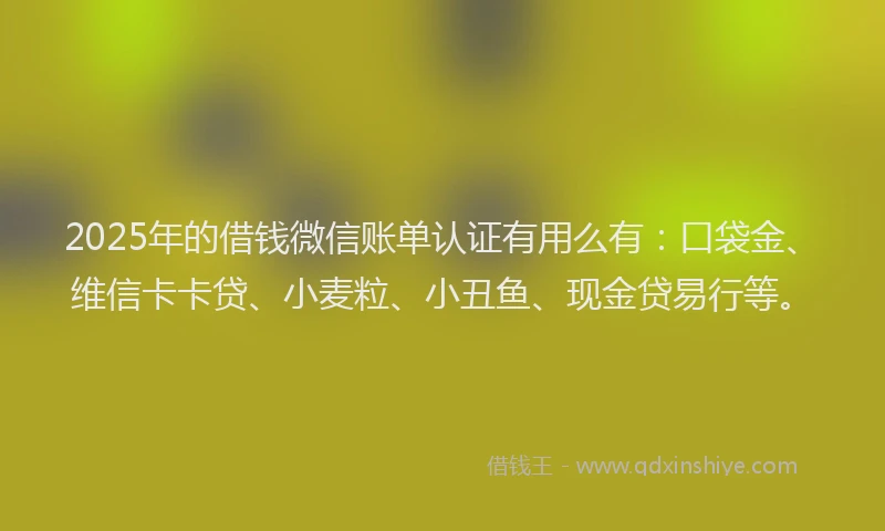 2025年的借钱微信账单认证有用么有：口袋金、维信卡卡贷、小麦粒、小丑鱼、现金贷易行等。