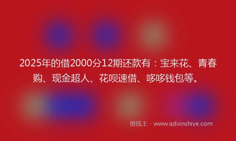 2025年的借2000分12期还款有：宝来花、青春购、现金超人、花呗速借、哆哆钱包等。