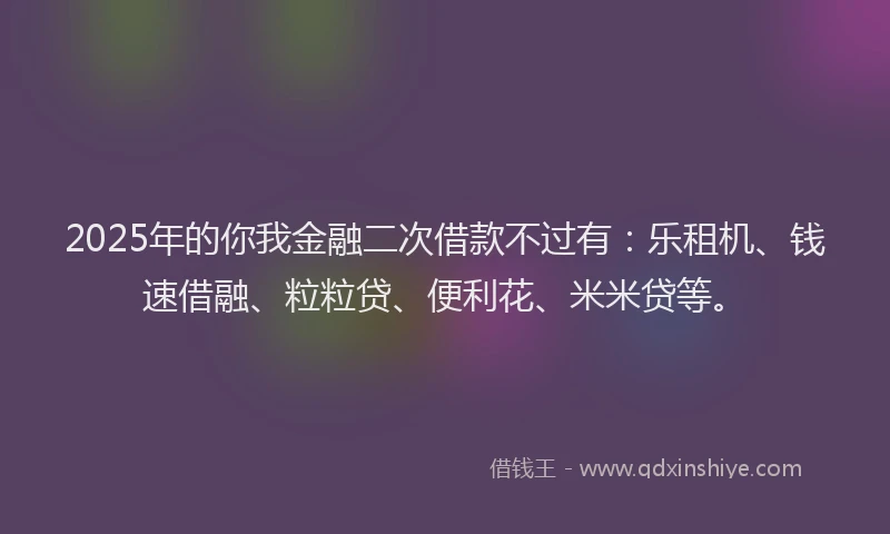2025年的你我金融二次借款不过有：乐租机、钱速借融、粒粒贷、便利花、米米贷等。