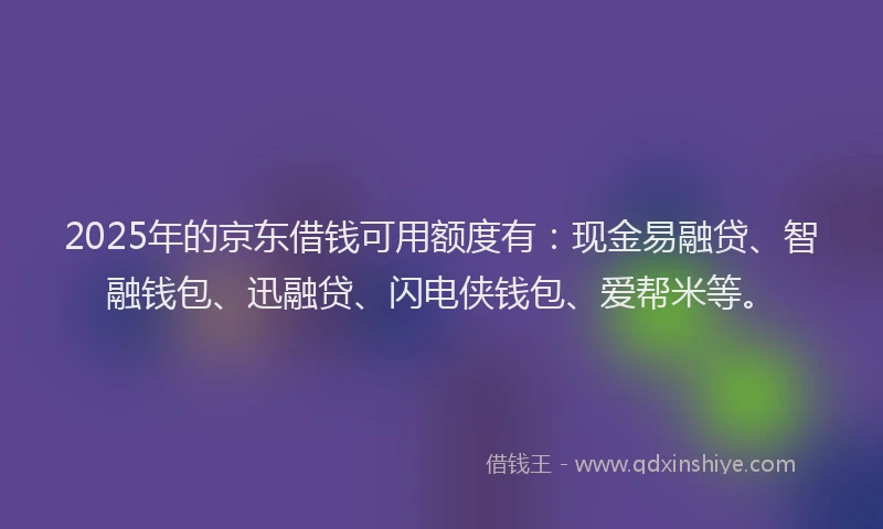 2025年的京东借钱可用额度有：现金易融贷、智融钱包、迅融贷、闪电侠钱包、爱帮米等。