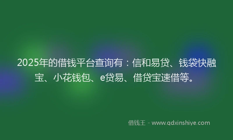 2025年的借钱平台查询有：信和易贷、钱袋快融宝、小花钱包、e贷易、借贷宝速借等。