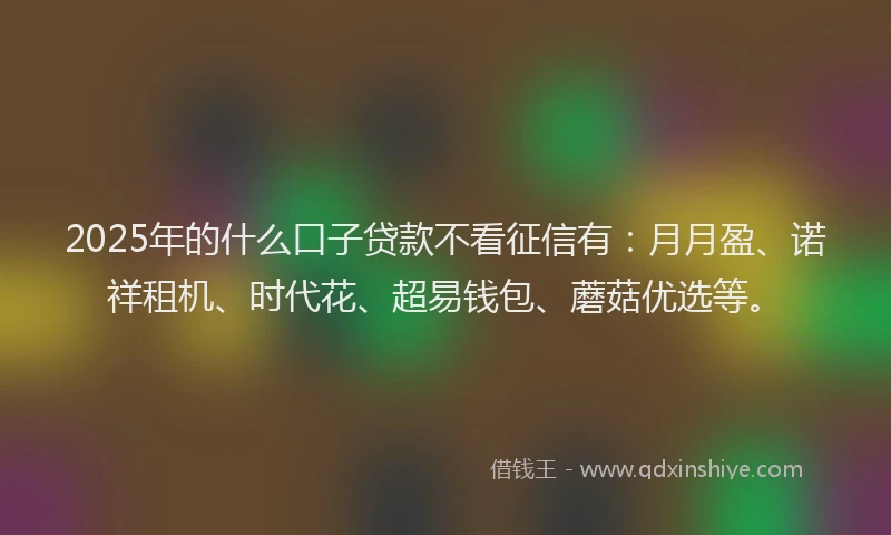 2025年的什么口子贷款不看征信有：月月盈、诺祥租机、时代花、超易钱包、蘑菇优选等。