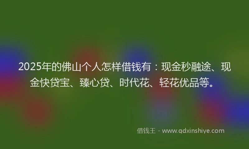 2025年的佛山个人怎样借钱有：现金秒融途、现金快贷宝、臻心贷、时代花、轻花优品等。