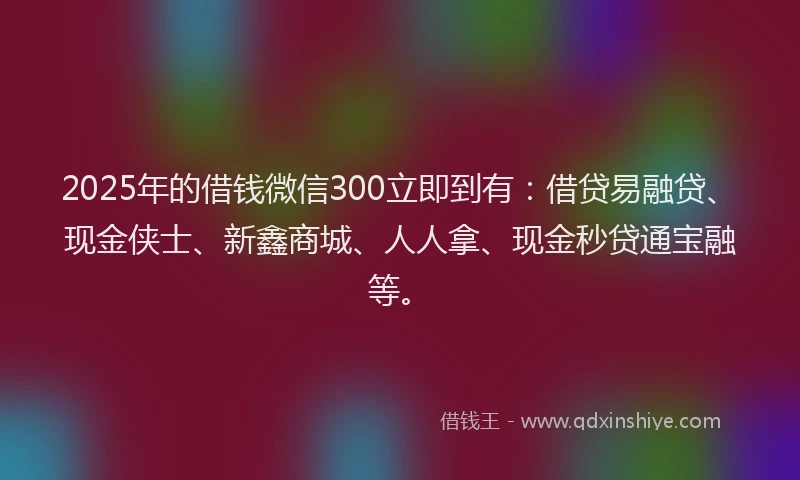 2025年的借钱微信300立即到有：借贷易融贷、现金侠士、新鑫商城、人人拿、现金秒贷通宝融等。