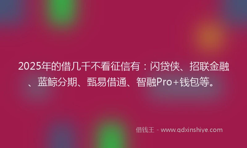 2025年的借几千不看征信有：闪贷侠、招联金融、蓝鲸分期、甄易借通、智融Pro+钱包等。