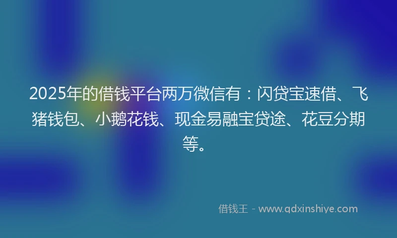 2025年的借钱平台两万微信有：闪贷宝速借、飞猪钱包、小鹅花钱、现金易融宝贷途、花豆分期等。