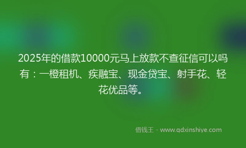 2025年的借款10000元马上放款不查征信可以吗有：一橙租机、疾融宝、现金贷宝、射手花、轻花优品等。