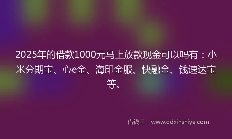 2025年的借款1000元马上放款现金可以吗有：小米分期宝、心e金、海印金服、快融金、钱速达宝等。