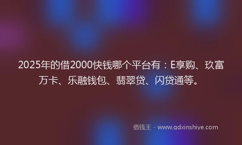 2025年的借2000快钱哪个平台有：E享购、玖富万卡、乐融钱包、翡翠贷、闪贷通等。