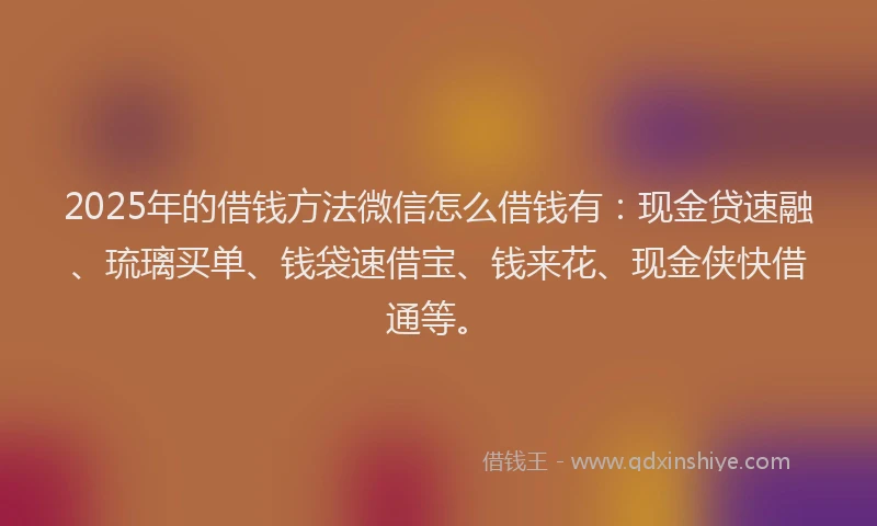 2025年的借钱方法微信怎么借钱有：现金贷速融、琉璃买单、钱袋速借宝、钱来花、现金侠快借通等。