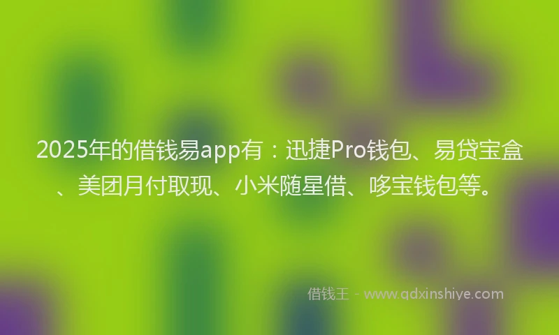 2025年的借钱易app有：迅捷Pro钱包、易贷宝盒、美团月付取现、小米随星借、哆宝钱包等。